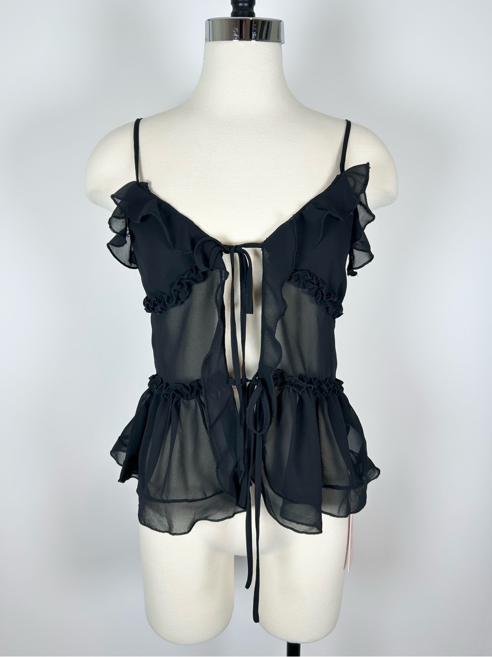 Micas Tie Front Sheer Top Womens XS Black Ruffle Peplum Retro